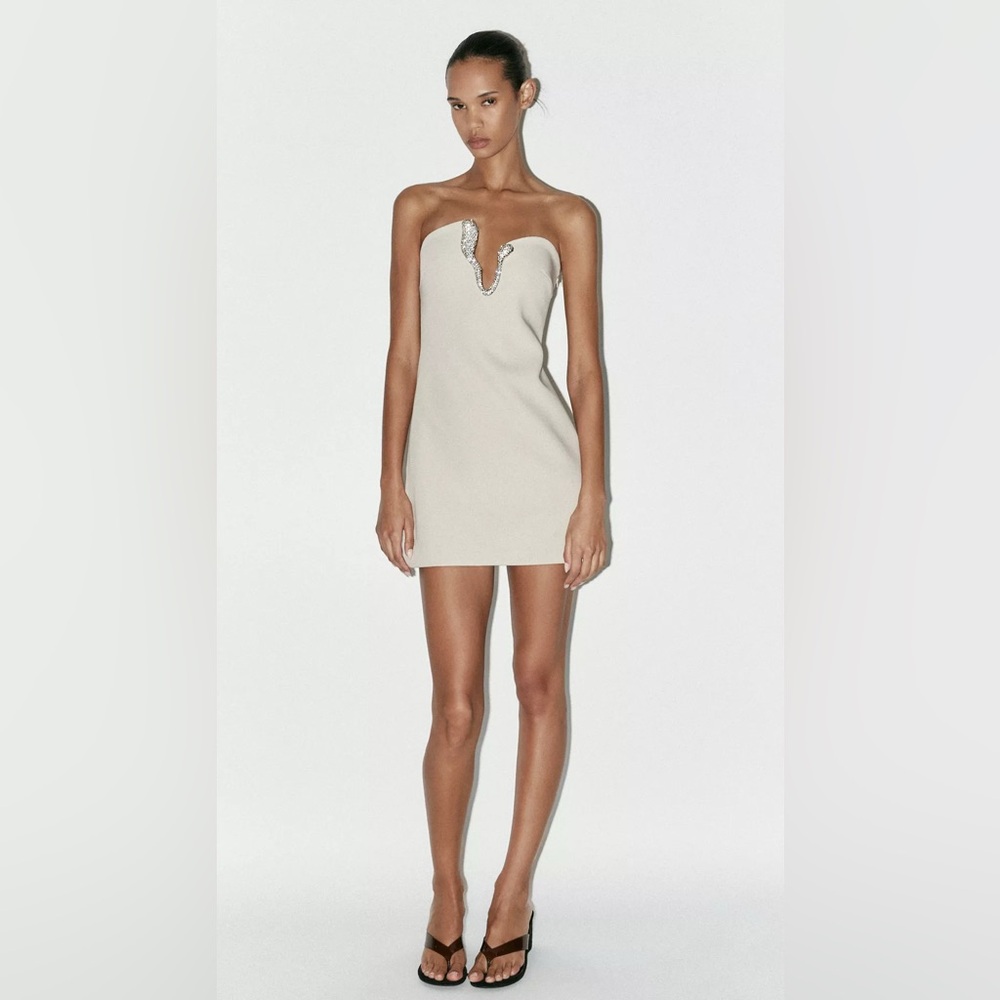 Zara Light Khaki Stunning Strapless Sheath Cocktail Dress